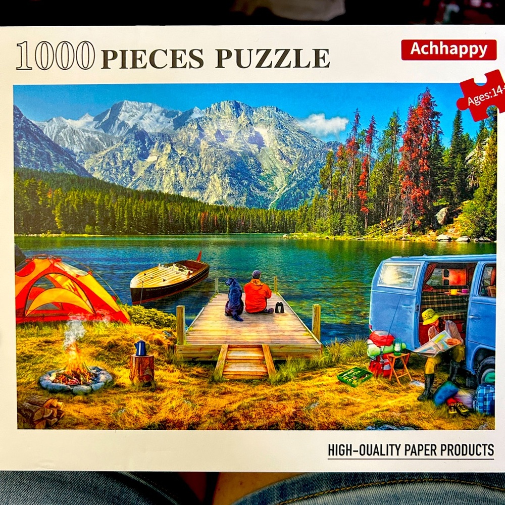 NIP sealed 1000 piece Achhappy Puzzle. Mountain/Lake/Camping/Dog theme.